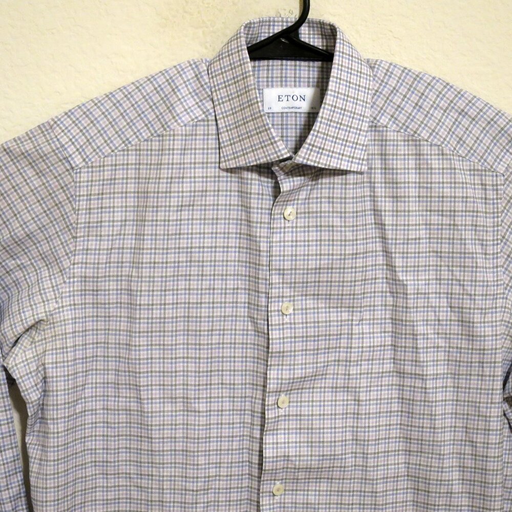 Eton Shirt Mens 15.5 Long Sleeve Button Contemporary White Black Blue Striped